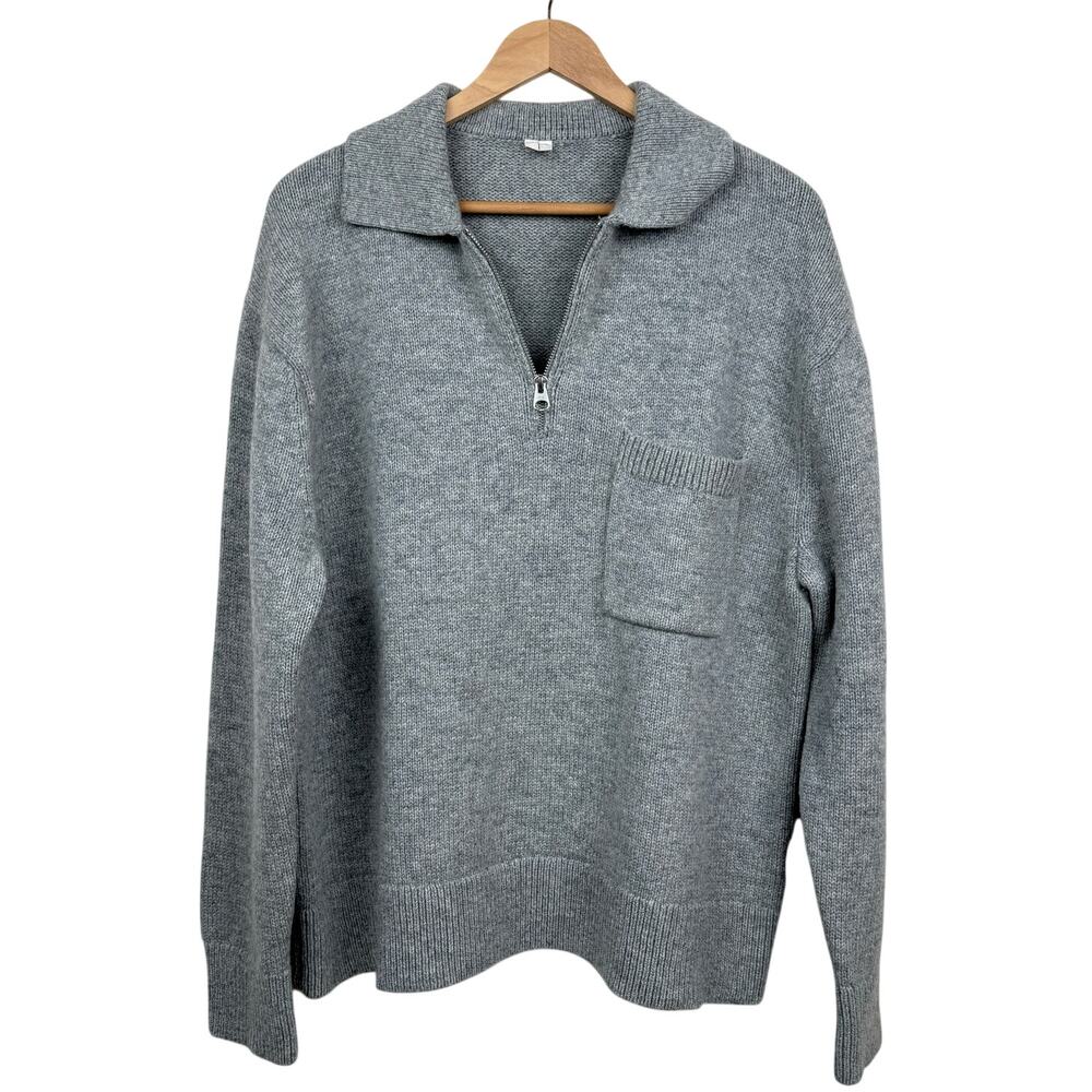 Arket Wool Quarter Zip Oversized Pullover Polo Sweater Large Gray Minimalist
